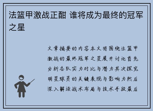 法篮甲激战正酣 谁将成为最终的冠军之星