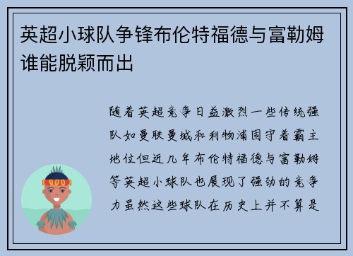 英超小球队争锋布伦特福德与富勒姆谁能脱颖而出