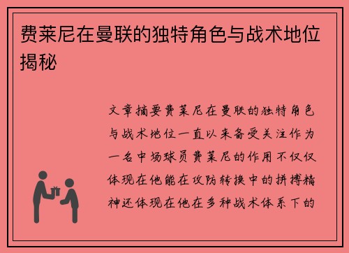 费莱尼在曼联的独特角色与战术地位揭秘