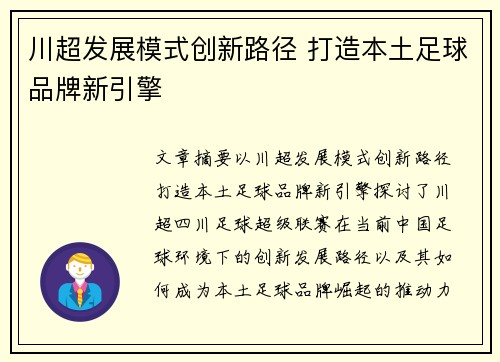 川超发展模式创新路径 打造本土足球品牌新引擎